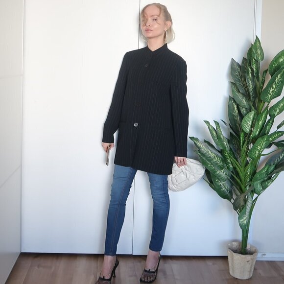 DKNY Long Pinstipe Stand Collar Career Suit Blazer - Picture 9 of 16